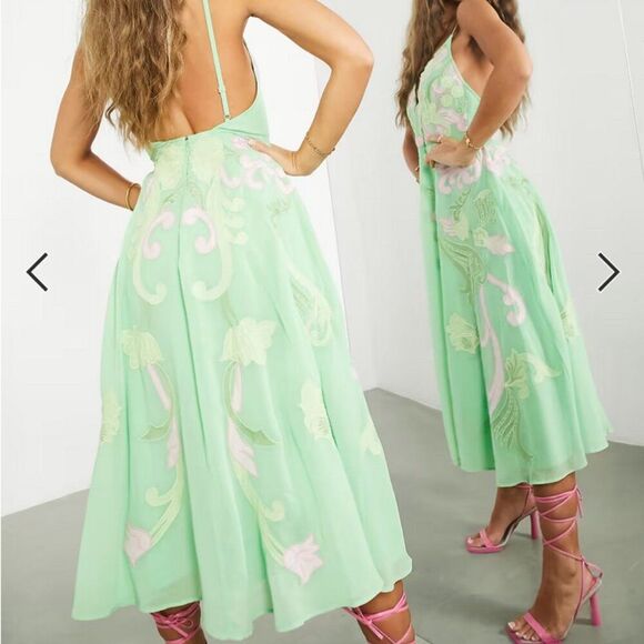 NWT ASOS DESIGN Embroidered Applique Cami Midi Dress In Pale Green w/ Pink sz 14 - Picture 3 of 8